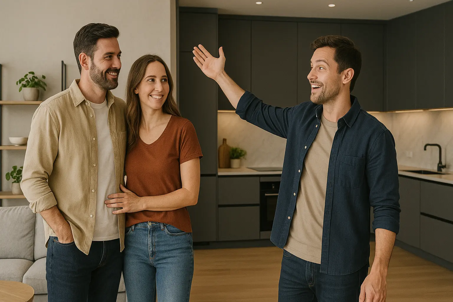 Paar zeigt Freunden stolz die neue Wohnung, moderne Einrichtung im Hintergrund