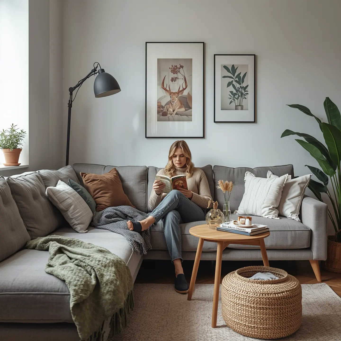 Junge Frau entspannt auf neuem Sofa, warmes Licht, Wohlfühlatmosphäre